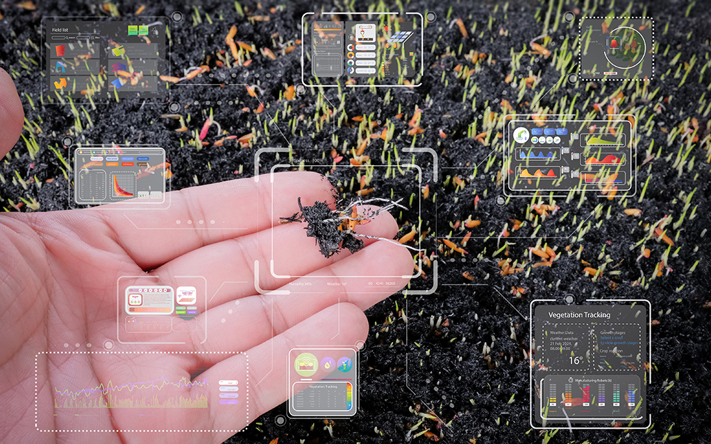 Hand holding soil with digital dashboard overlays showing precision agriculture and vegetation tracking data.