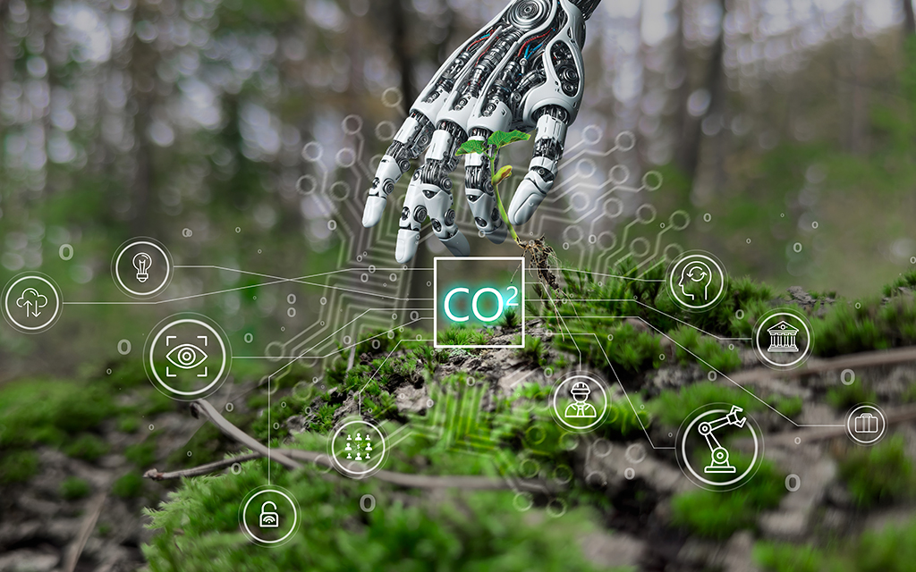 obotic hand interacting with a small plant and digital CO2 data icons representing artificial intelligence and environmental monitoring.