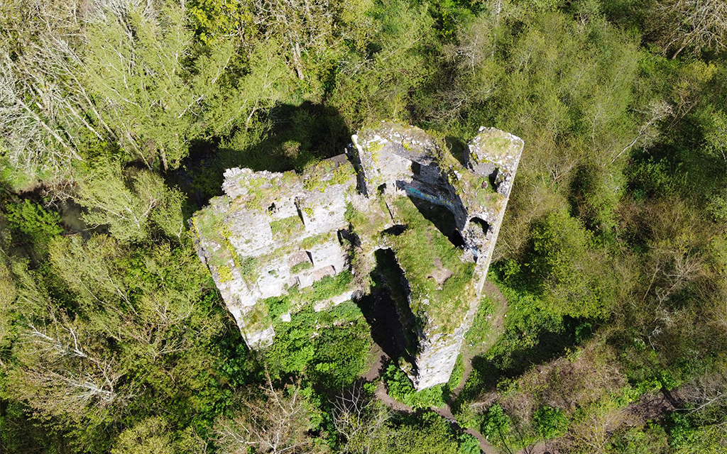 Aerial view of ancient stone ruins surrounded by dense forest illustrating heritage conservation and remote site monitoring.