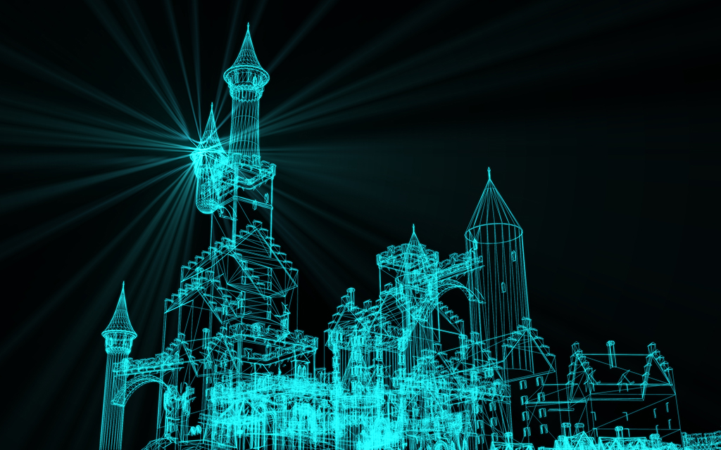 Digital wireframe rendering of a fantasy castle glowing with blue neon lines on a dark background.
